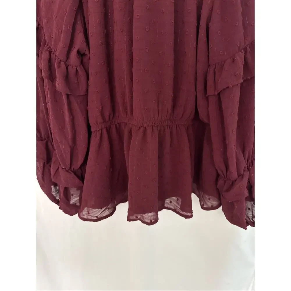 Maurices Blouse Womens XL Burgundy Lined Sheer Pullover Long Ruffle Sleeves NWT